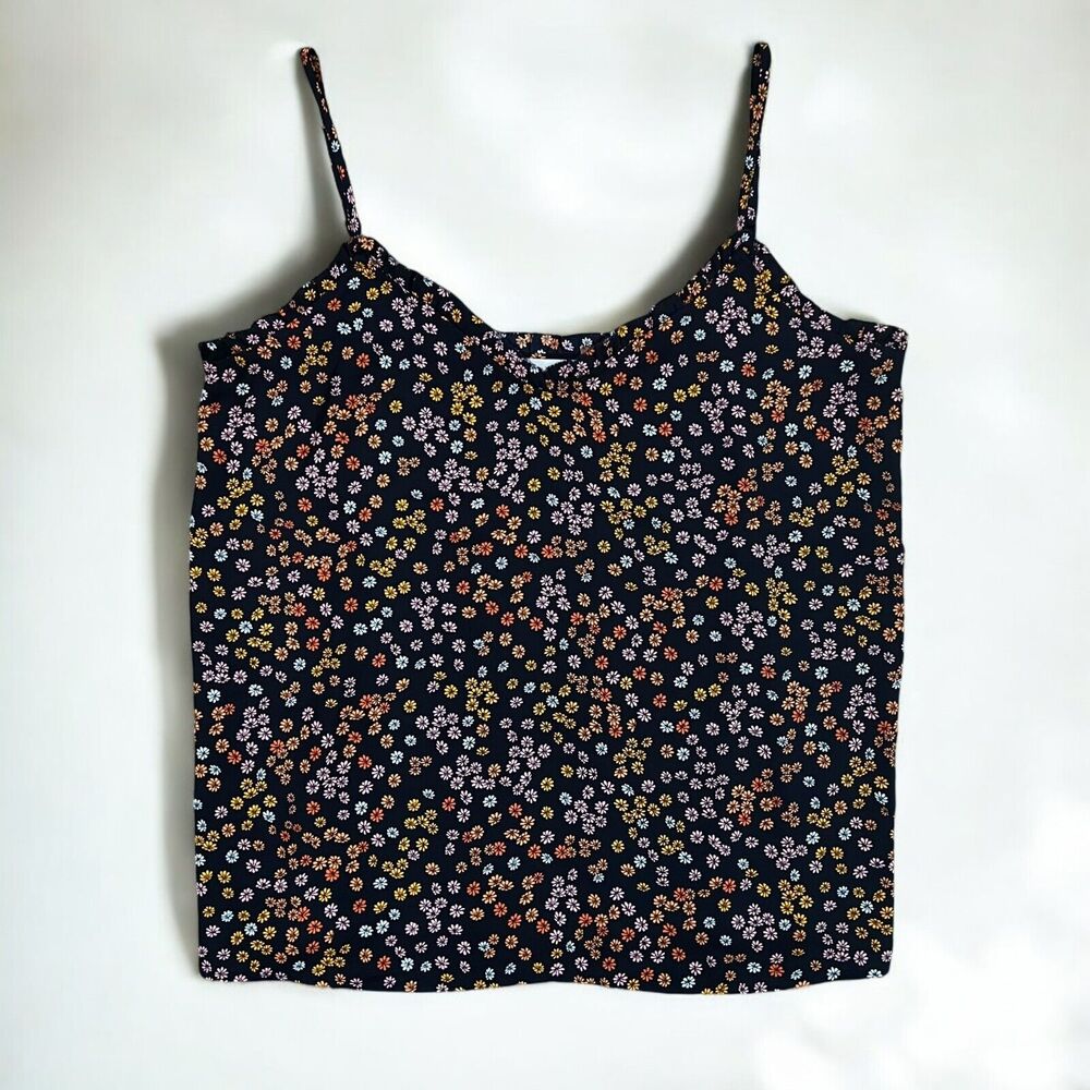Loft Retro Floral Daisy Ruffle Adjustable Spaghetti Strap Navy Cami Size Small - Picture 2 of 11